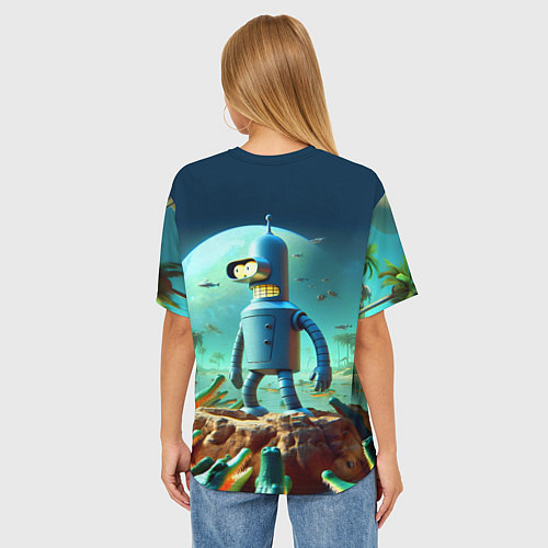 Женская футболка оверсайз Роботу-сгибальщику Бендеру по-барабану стая крокод / 3D-принт – фото 4