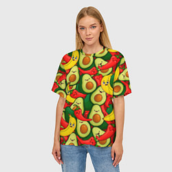 Футболка оверсайз женская Авокадо, бананы, перцы чили улыбаются - паттерн фр, цвет: 3D-принт — фото 2