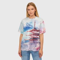 Футболка оверсайз женская Японская архитектура и гора, цвет: 3D-принт — фото 2