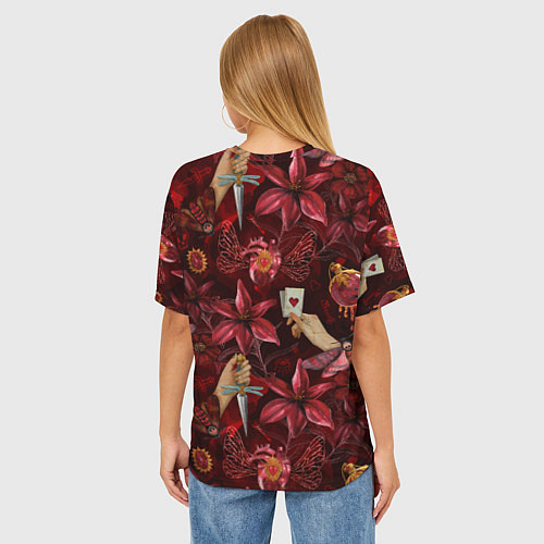 Женская футболка оверсайз Бордовая готика с сердцем, лилиями и мотыльками / 3D-принт – фото 4