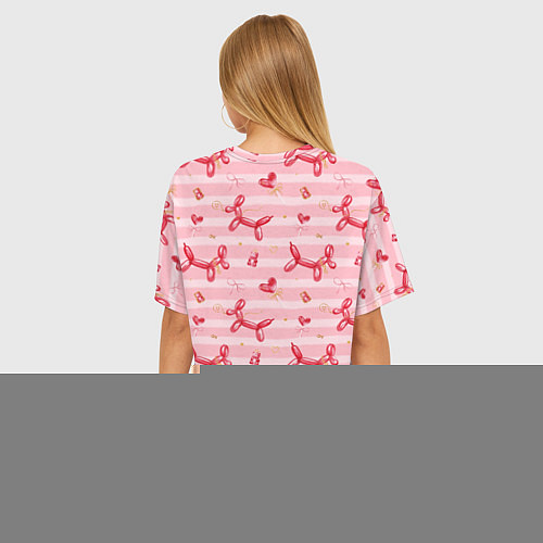 Женская футболка оверсайз Красные шарики-собачки на розовых полосках / 3D-принт – фото 4