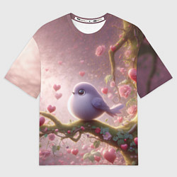 Футболка оверсайз женская Маленькая фиолетовая птица с сердечками и цветами, цвет: 3D-принт