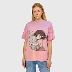Футболка оверсайз женская Девочка обнимает зайцика в аниме, цвет: 3D-принт — фото 2