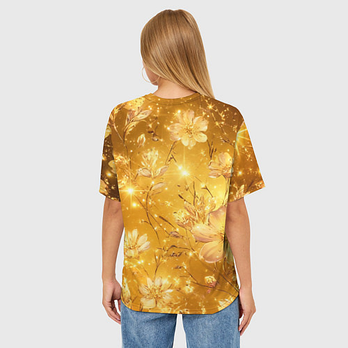 Женская футболка оверсайз Цветочный золотой с искрами / 3D-принт – фото 4