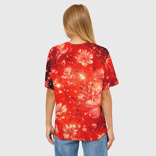 Женская футболка оверсайз Цветочный красный с искрами / 3D-принт – фото 4