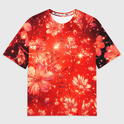 Женская футболка оверсайз Цветочный красный с искрами