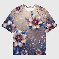 Футболка оверсайз женская Сине-бежевый дымчатый с цветами, цвет: 3D-принт