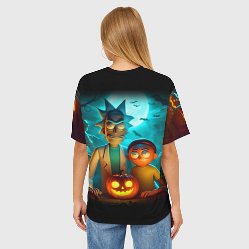 Женская футболка оверсайз Morty and Rick with pumpkin - neon halloween / 3D-принт – фото 4