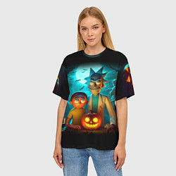 Футболка оверсайз женская Morty and Rick with pumpkin - neon halloween, цвет: 3D-принт — фото 2