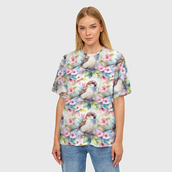 Футболка оверсайз женская Воробей в ярких цветах паттерн, цвет: 3D-принт — фото 2