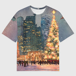 Футболка оверсайз женская Москва - сити и новогодняя елка, цвет: 3D-принт