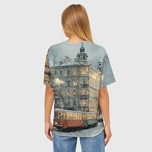Женская футболка оверсайз Трамваи в зимнем Санкт-Петербурге / 3D-принт – фото 4