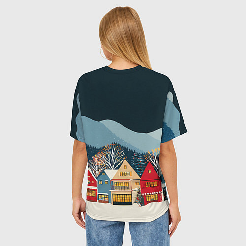 Женская футболка оверсайз Новогодний городок в горах / 3D-принт – фото 4