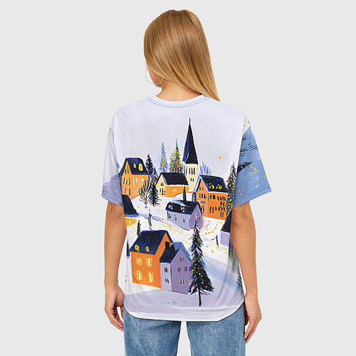Женская футболка оверсайз Новогодние домики на горе / 3D-принт – фото 4