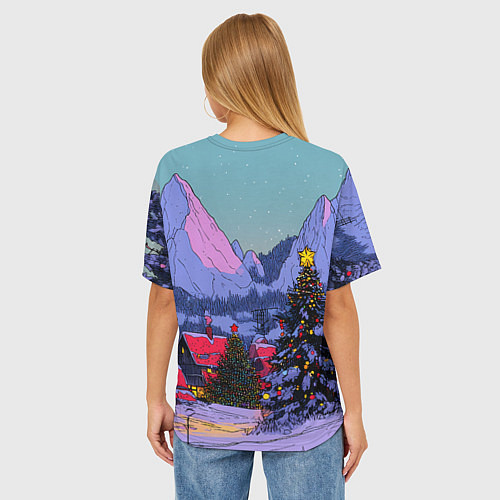 Женская футболка оверсайз Новогодние елки в горном городке / 3D-принт – фото 4