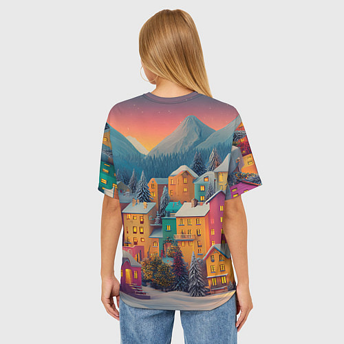 Женская футболка оверсайз Новогодний город в горах / 3D-принт – фото 4
