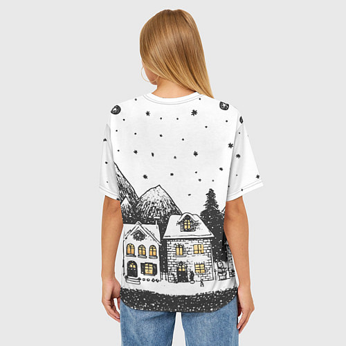Женская футболка оверсайз Черно-белый новогодний город / 3D-принт – фото 4