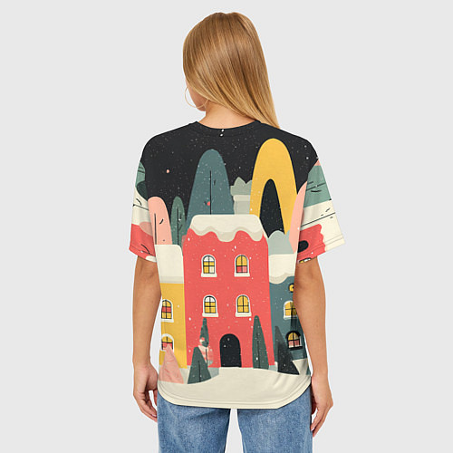 Женская футболка оверсайз Разноцветные новогодние дома / 3D-принт – фото 4
