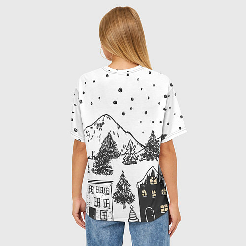Женская футболка оверсайз Заснеженный черно-белый город / 3D-принт – фото 4