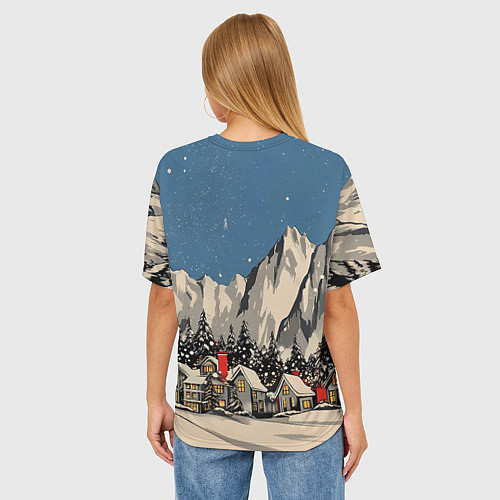 Женская футболка оверсайз Небольшой новогодний город в горах / 3D-принт – фото 4