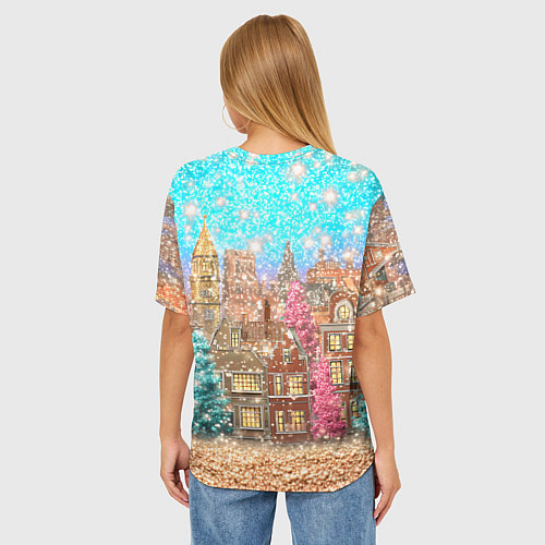 Женская футболка оверсайз Новогодний город в блестках / 3D-принт – фото 4