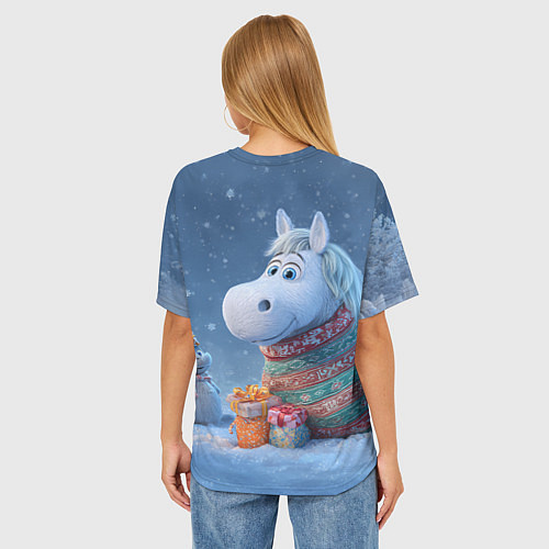 Женская футболка оверсайз Новогодняя лошадь с подарками / 3D-принт – фото 4