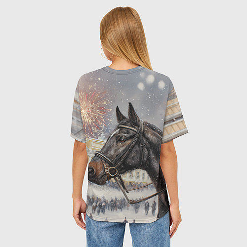 Женская футболка оверсайз Конь на фоне салюта / 3D-принт – фото 4