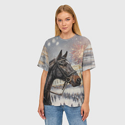 Футболка оверсайз женская Конь на фоне салюта, цвет: 3D-принт — фото 2