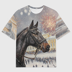Женская футболка оверсайз Конь на фоне салюта