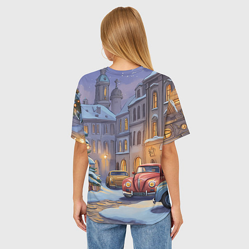 Женская футболка оверсайз Новогодний снежный двор / 3D-принт – фото 4