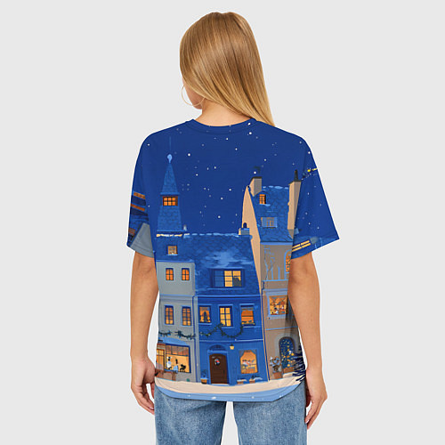 Женская футболка оверсайз Синяя новогодняя елочка во дворе / 3D-принт – фото 4