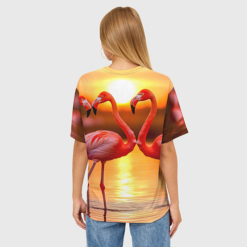Женская футболка оверсайз Розовый закат с фламинго / 3D-принт – фото 4
