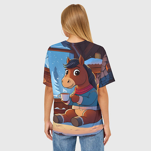 Женская футболка оверсайз Лошадка у камина / 3D-принт – фото 4