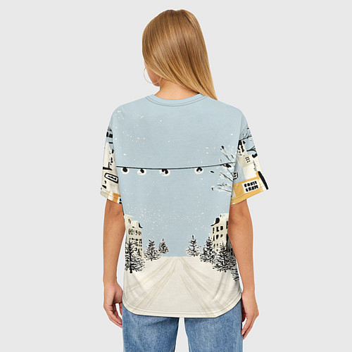 Женская футболка оверсайз Милая новогодняя лошадка с шарфом / 3D-принт – фото 4