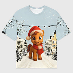 Футболка оверсайз женская Милая новогодняя лошадка с шарфом, цвет: 3D-принт