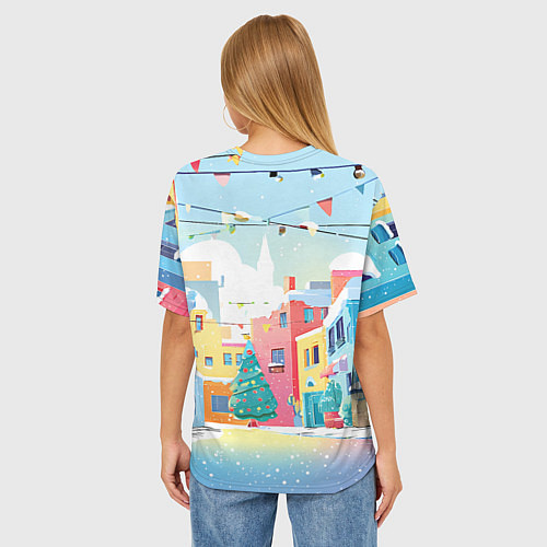 Женская футболка оверсайз Лошадка с новогоднем венком / 3D-принт – фото 4