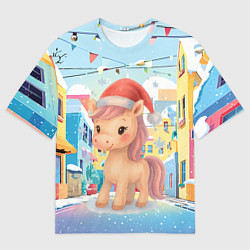 Футболка оверсайз женская Лошадка с новогоднем венком, цвет: 3D-принт