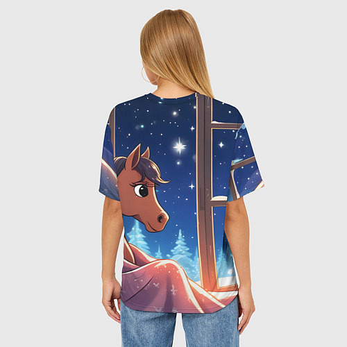 Женская футболка оверсайз Лошадка зимней звездной ночью / 3D-принт – фото 4