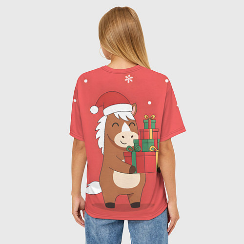 Женская футболка оверсайз Новогодняя лошадка с подарками / 3D-принт – фото 4
