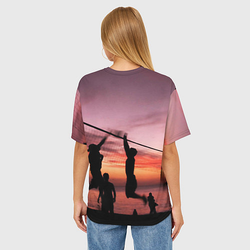 Женская футболка оверсайз Пляжный волейбол на закате / 3D-принт – фото 4
