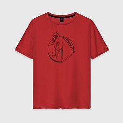 Футболка оверсайз женская Лошадь - линейный рисунок, цвет: красный