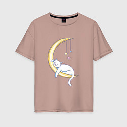 Женская футболка оверсайз Спящий на луне кот