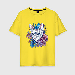 Женская футболка оверсайз Мистический кот с черепом