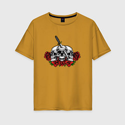 Женская футболка оверсайз Три черепа, кинжал и розы