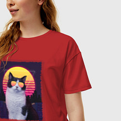Футболка оверсайз женская Synthwave cat, цвет: красный — фото 2