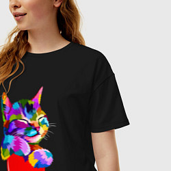 Футболка оверсайз женская РАДУЖНЫЙ КОТИК RAINBOW KITTY, цвет: черный — фото 2