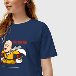 Футболка оверсайз женская Счастливый Сайтама с пакетами продуктов One Punch-, цвет: тёмно-синий — фото 2