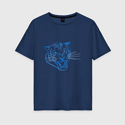 Женская футболка оверсайз Контур головы синего тигра, арт лайн