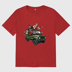 Футболка оверсайз женская Персонажи жожо едут на уазике джо джо, цвет: красный