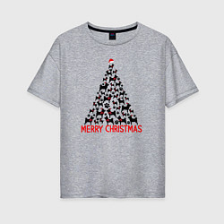 Женская футболка оверсайз Новогодняя елка с силуэтами собак